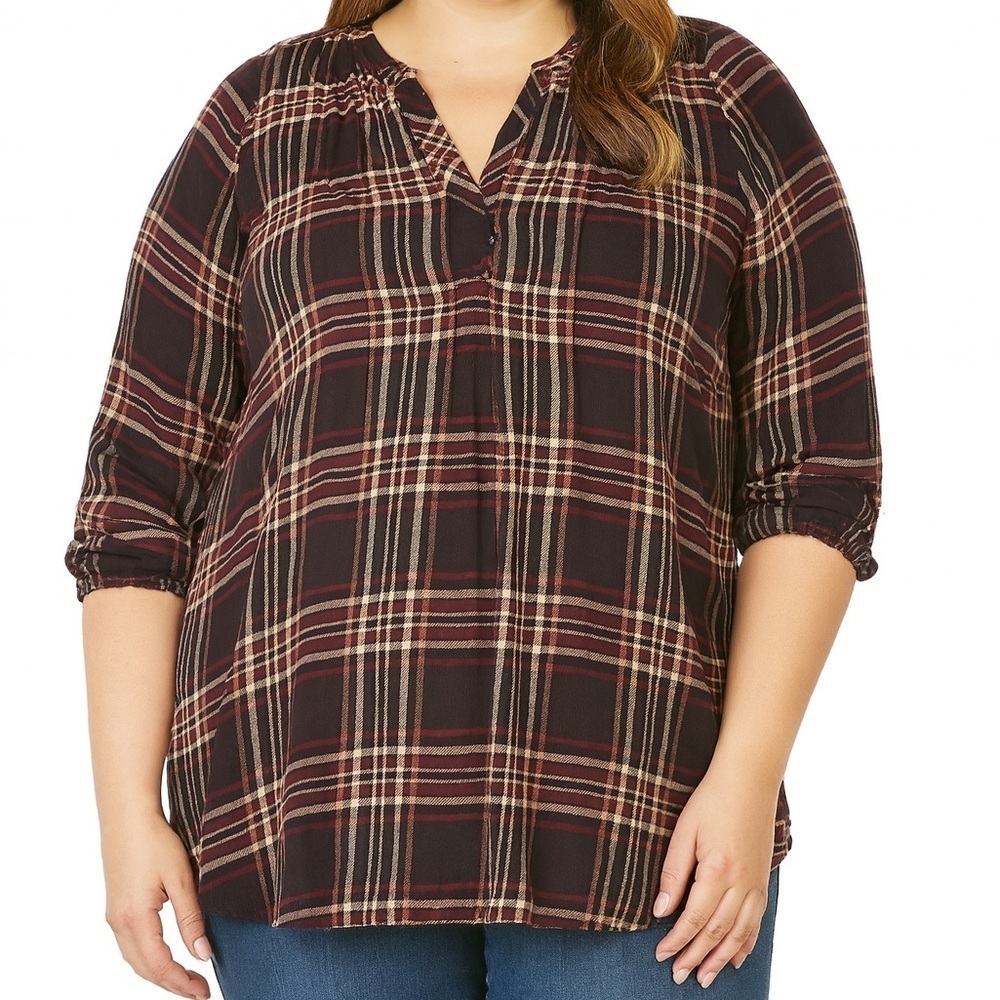 Westport Burgundy and Black Checkered V-neck Relaxed Fit Top